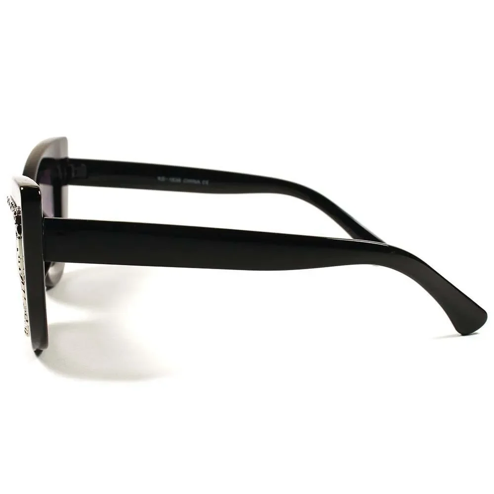 Womens Bold Glamorous Black Cat Eye Sunglasses Silver Detail Around